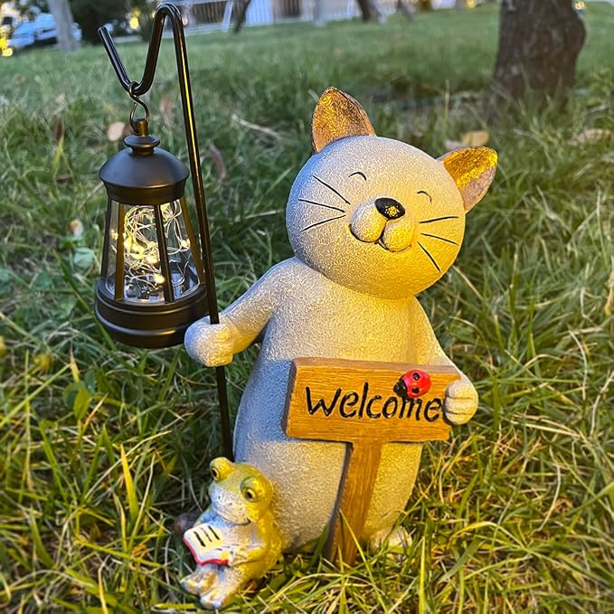 Cat Garden Statue with Solar Lantern: Cat Outdoor Figurine Decorations -Solar Garden Statue Decor for Patio,Balcony,Yard, Lawn - Gift for Mom, Grandma,Women, Housewarming,Birthday