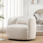 KINWELL 34" Wide Boucle Swivel Barrel Chair, No Assembly Round Upholstered Armchair Accent Chair Single Sofa Chair with Toss Pillow for Living Room and Bedroom, Beige