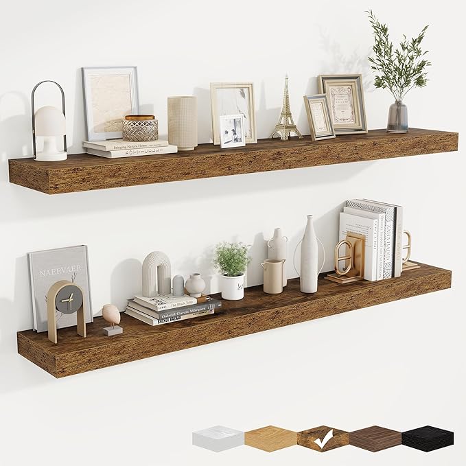 fuqing Floating Shelves for Wall, Bathroom Shelf Wall Mounted for Storage, Shelves with Invisible Bracket for Bedroom, Kitchen, Living Room, Farmhouse Small Book Shelf, 55 Inch Set of 2, Rustic Brown