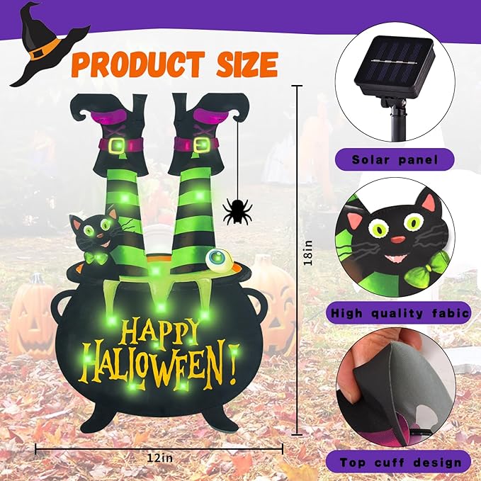 Halloween Lighted Garden Flag for Outside, Witch Feet Shape Flag Yard Decor, 8 Modes 12x18 Double Sided Cauldron Eyeball Black Cat Outdoor Hlloween Decorations for Home Porch