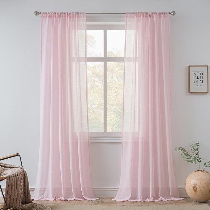 FMFUNCTEX Linen Sheer Curtains for Bedroom, Pink Curtains 96 inches Long for Living Room, Blush Pink Farmhouse French Flax Blend Window Draperies, Rod Pocket 2 Panels Set