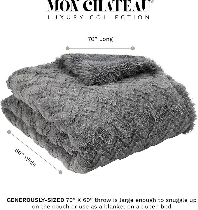 Mon Chateau Grey 3D Jacquard Faux Fur Throw, Plush Luxury Blanket for Couch, Sofa, or Bed, Soft Reversible Throw Blanket for Sleeping, Home & Room Décor, 60" x 70"