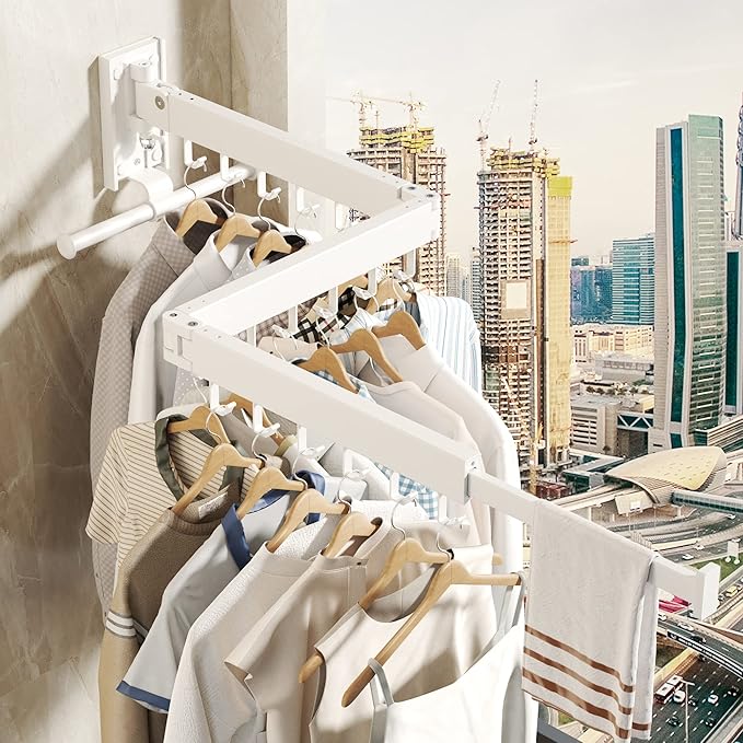 Wall Mounted Clothes Hanger Rack, Clothes Drying Rack,Laundry Drying Rack,Collapsible Clothes Rack Wall Mount, Retractable Drying Rack Clothing,can Fold Upward & Left & Right,White Color