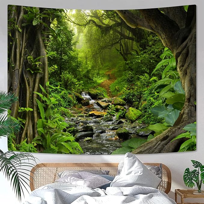 AMM Green Rainforest Tapestry Nature Forest Tapestry for Bedroom Aesthetic Misty Tropical Jungle Trees Flowing Stream Landscape Tapestries Wall Hanging for Living Room Dorm 80 x 60 Inch