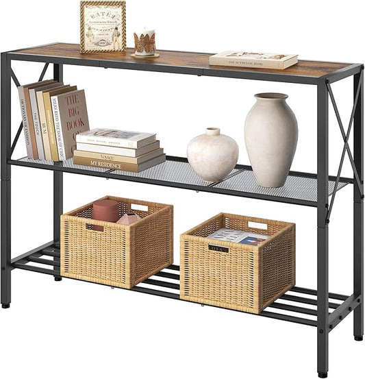 Hoctieon Industrial Console Table, 3 Tier Entryway Table, Hallway Table, Narrow Sofa Table with Shelves, Entrance Table for Entryway, Living Room, Foyer, Hallway, Office, Rustic Brown&Black