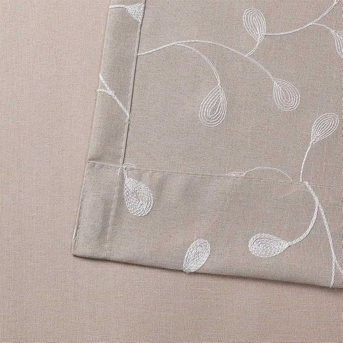 MIUCO Light Filtering Faux Linen Curtains - 95 Inch Long Bedroom & Living Room Drapes, Linen Floral Embroidered Solid Mix & Match, Semi Sheer Grommet Farmhouse Curtains, 2 Panels Set