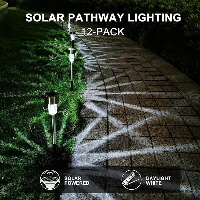 Solar Lights Outdoor Waterproof, Stainless Steel LED Landscape Lighting, Solar Garden Lights Solar Powered, Outdoor Solar Lights for Yard, Pathway, Walkway, Patio , Lawn - 12 Pack ( Cold White )