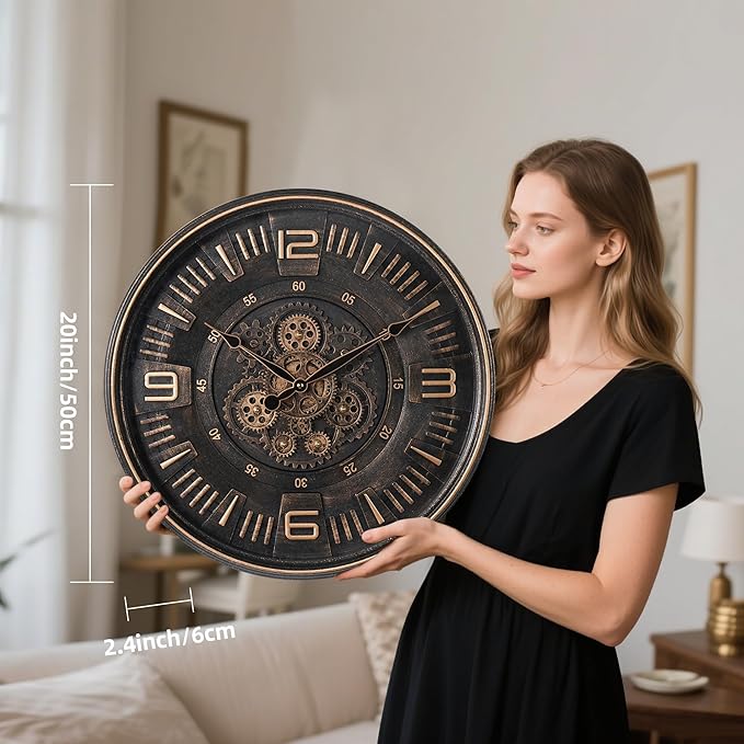 Maxstar Large Vintage Moving Gear Wall Clock, 20''Battery Operated Industrial Steampunk Metal Decor for Living Room, Office,Fireplace, Farmhouse(Arabic Number-Bronze)