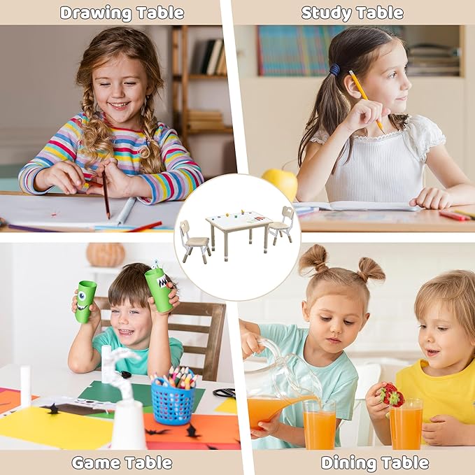 Kids Table and 2 Chairs Set, Height Adjustable (17.7"-26.1") Toddler Table and Chair Set, Multi-Activity Table with Graffiti Desktop, Children’s Table and Chairs for Classroom, Home & Daycare