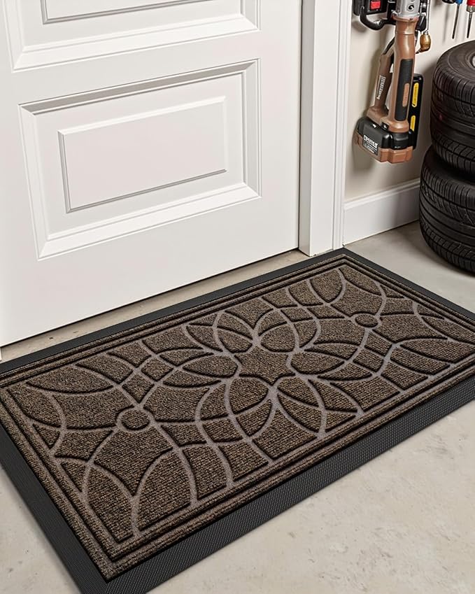 DEXI Front Door Mat Outside Entrance, Heavy Duty Non Slip Low Profile Doormat for Entryway, Trap Dirt and Moisture Welcome Mats, Easy Clean, Patio, Garage, 4x2, Brown