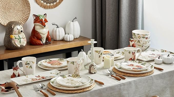 Bico Woodland Critters Dinner Plates Set of 4, 11 Inch Large Ceramic Plates for Pasta, Steak, Stylish Serving Dishes, Microwave and Dishwasher Safe, Gift for Housewarming and Thanksgiving