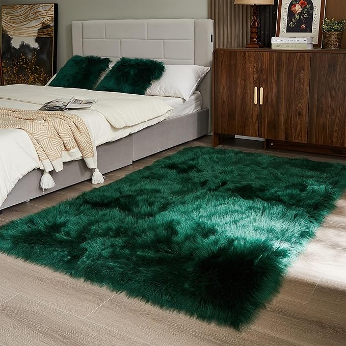 AMTOVO Faux Fur Sheepskin Rug for Living Room, 4 x 6 ft Dark Green Fluffy Area Rug for Bedroom, Playroom, Luxury Room Decor, Rectangle