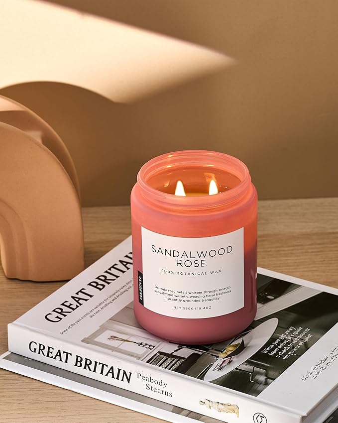 M&SENSE Sandalwood Rose Scented Candle 19.4oz 110 Hours Long Lasting Burn Natural Soy Wax Strong Scented Candle for Home, 2 Wick Home Fragrance Slow Burning Housewarming Gifts for Men Women