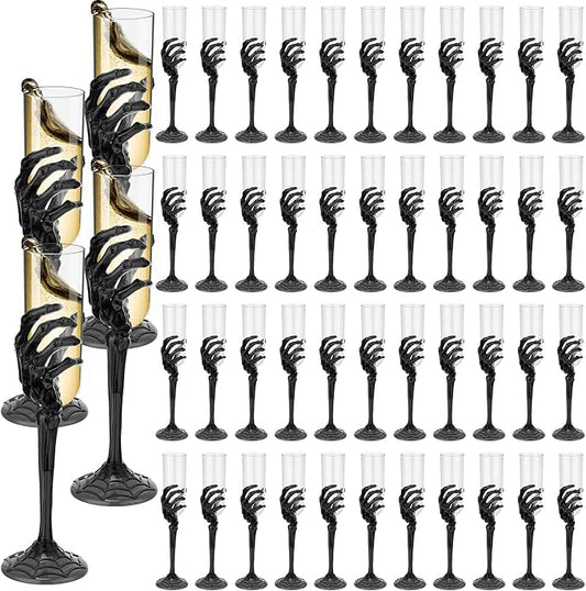 Bokon 48 Pcs Halloween Champagne Flutes Bulk Plastic Stemware Halloween Skeleton Hand Plastic Goblets Creepy Champagne Flute for Party Decoration(Black)
