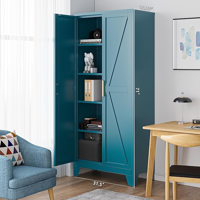 71'' Farmhouse Metal Storage Cabinet with Barn Doors,Steel File Cabinet for Home Office,Kitchen Pantry 4 Adjustable Shelves,Freestanding Cupboard for Kitchen,Home Office (Peacock Blue)