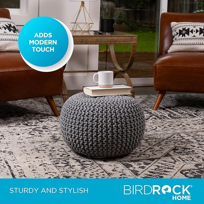 BIRDROCK HOME Round Pouf Ottoman | Cotton Braided Foot Stool with Bean Bag Filling | Boho Foot Rest for Living Room & Bedroom | Compact & Comfortable Seating, Lightweight & Soft | Light Grey