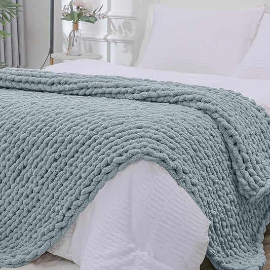 Bigacogo Chunky Knit Throw Blanket for Couch, 40x80 inches, 100% Hand Knitted with Thick Jumbo Chenille Yarn, Cozy Soft Large Rope Knot Cable Crochet Blankets for Sofa Bed Living Room, Dusty Blue
