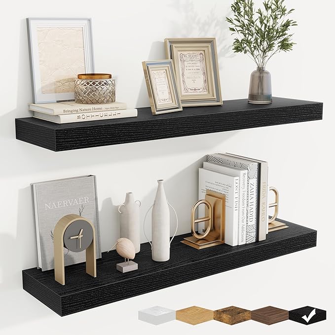 fuqing Floating Shelves for Wall, Bathroom Shelf Wall Mounted for Storage, Shelves with Invisible Bracket for Bedroom, Kitchen, Living Room, Farmhouse Small Book Shelf, 32 Inch Set of 2, Black