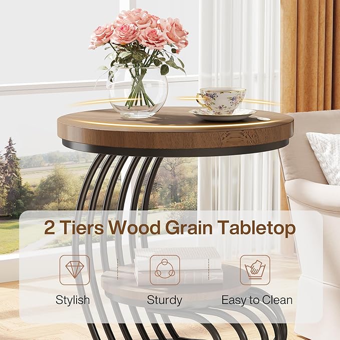 Tribesigns Round End Side Table: Side Table with 2 Tiers Storage Shelves, Vintage End Table for Living Room, Small Bedside Table Accent Table with Arc-Shaped Frame, Light Brown