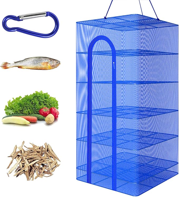 Hwayslon Hanging Drying Net Foldable Drying Rack Net Dryer 19.7"x19.7"x37.4" 6 Layer Folding Fish Mesh Collapsible Dry Net with Zippers for Fish Vegetables Drying Seeds Fruit Herb