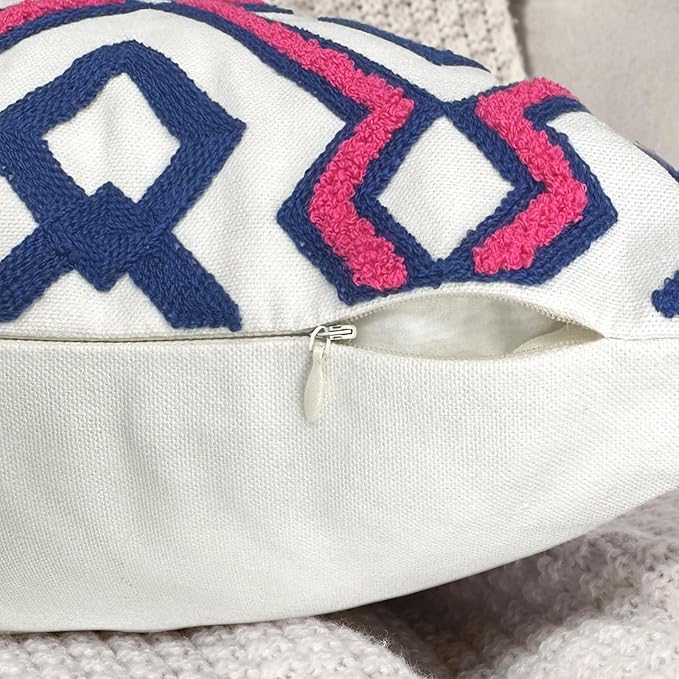 Alysheer Embroidered Decorative Throw Pillow Cover 18"x 18" Set of 2, Classic Boho Geometric Embroidery Pattern Cotton Rectangular Cushion Case for Sofa Couch Living Room Bedroom (Blue Pink)