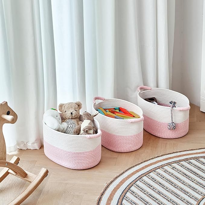 Storage Baskets for Organizing | 15"x10.2"x9.1" - 1 Pack Nursery Bin with Handles - Woven Cotton Rope Baskets for Dog Toys, Books, Shelf, Bathroom,Closet -Pink Basket for Girls