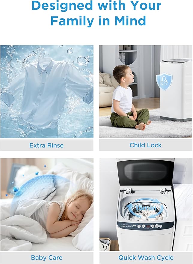 Midea MLTW09M1BWW Portable Washer with 6 Cycles, Drum Clean, Quick, Stainless Steel Tub, Transparent Lid, LED Display Washing Machine, 0.9 cu. ft, White