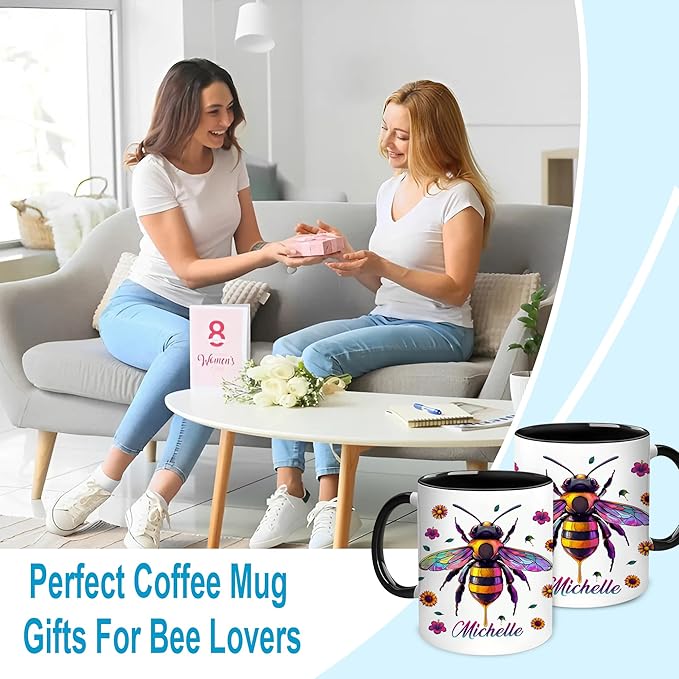 Hyturtle Personalized Colorful Bee Mug - Bee Keeper Gifts For Women Lovers Teacher - Honey Gifts For Beekeeper Farmer On Birthday - Queen Honeycomb Decor - Custom Coffee Cup Ceramic Mug 11 Oz 15 Oz