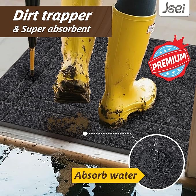 JSEI Entryway Rugs Doormat 20"x32", Non-Slip Dirt Trapper Door Mats Indoor, Washable Absorbent and Stain Resist Welcome Floor Mat for Front Door, Dog Door Mat, Muddy Wet Shoes & Paws, Dark Grey