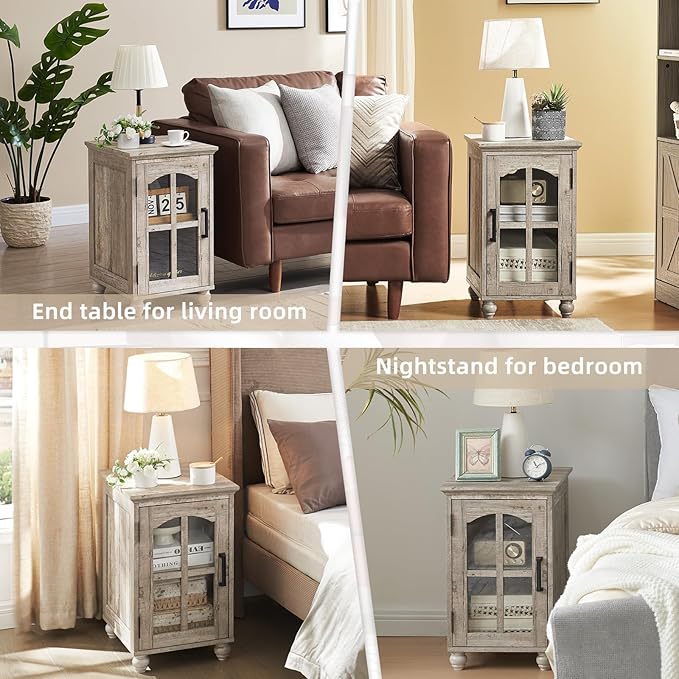 Narrow Side Table,Farmhouse Nightstand with Charging Station,Wood End Table with Glass Barn Door Storage, Cabinet Organizer with Adjustable Shelf, Night Stand for Small Spaces for Living Room Bedroom