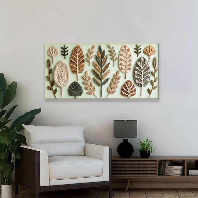 Boho Wall Art Chic Home Wall Art Modern Multicolor Painting Prints Leaves Feather Green Canvas Wall Art Decor For Living Room Bedroom Apartment Kitchen 24"W X 48"L Ready To Hanging