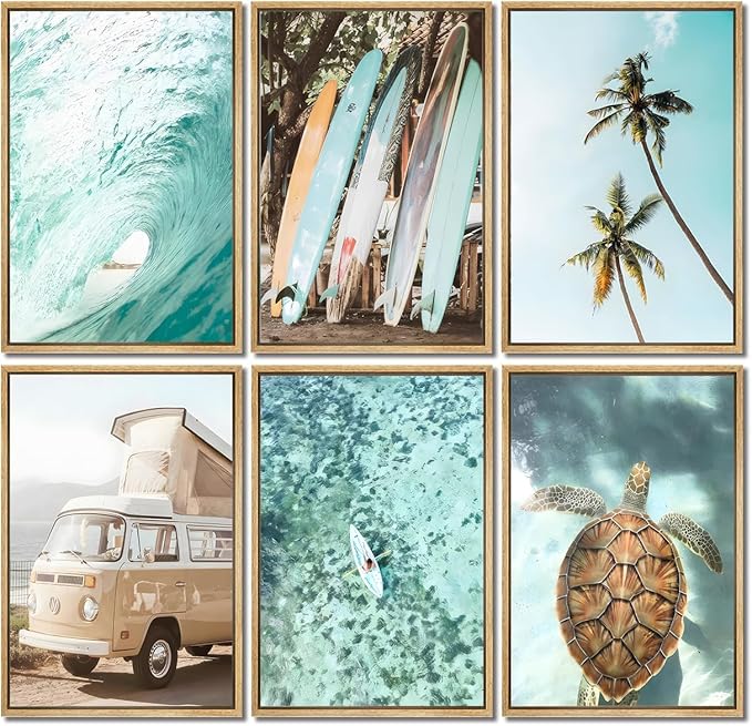Laywhq Coastal Beach Wall Art Summer Ocean Surf Tropical Canvas Wall Decor Summer Nautical Palm Tree Turtle Surfboard Bus Room Paintings Prints Posters for Bedroom Living Room Set of 6 8x10in Unframed