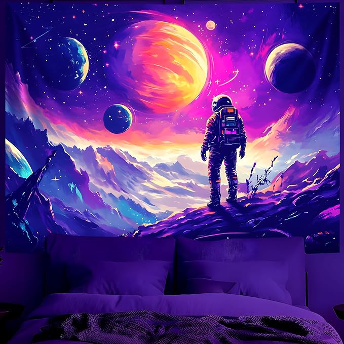 BVBOX Astronaut Space Blacklight Tapestry 79"x59", UV Reactive Astronaut Universe Galaxy Planet Glow in Dark Tapestries, Black Light Neon Upright Poster Wall Hanging Backdrop Decor for Bedroom Living Room