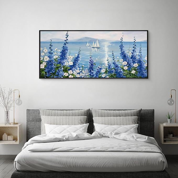 XLSJERST Large Sailboat Wall Art - Blue Canvas Abstract Painting Textured Picture Artwork Vintage Nautical Flower Painting Coastal Modern Print 70"x31" Frame for Living Room Bedroom Home Decoration