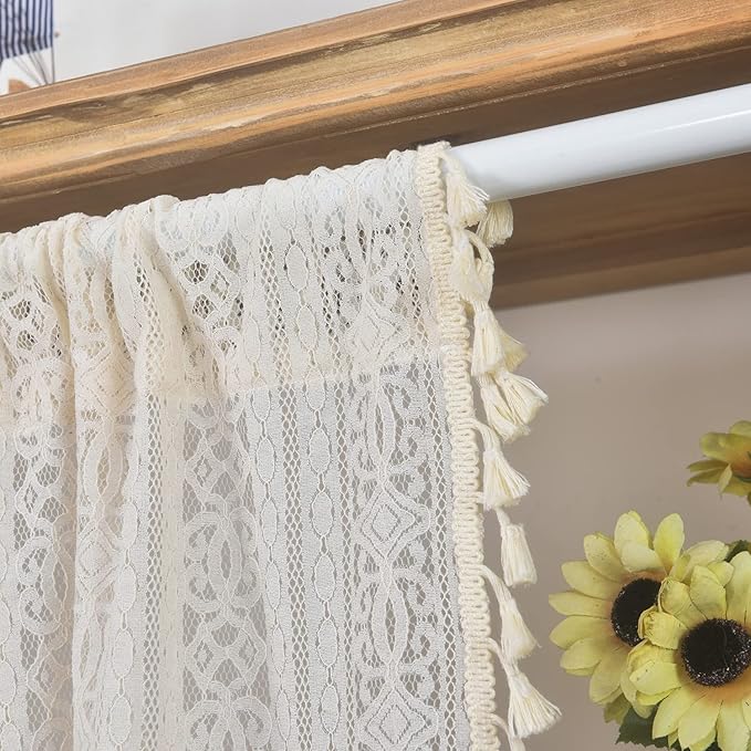 Sutuo Home Boho Sheer Curtain Valance Crochet Lace with Bohemian Hollow Knitted Handmade Tassels, Short Rustic Window Treatment for Kitchen Cafe, Rod Pocket, 1 Panel 59" W x 18" L, Beige