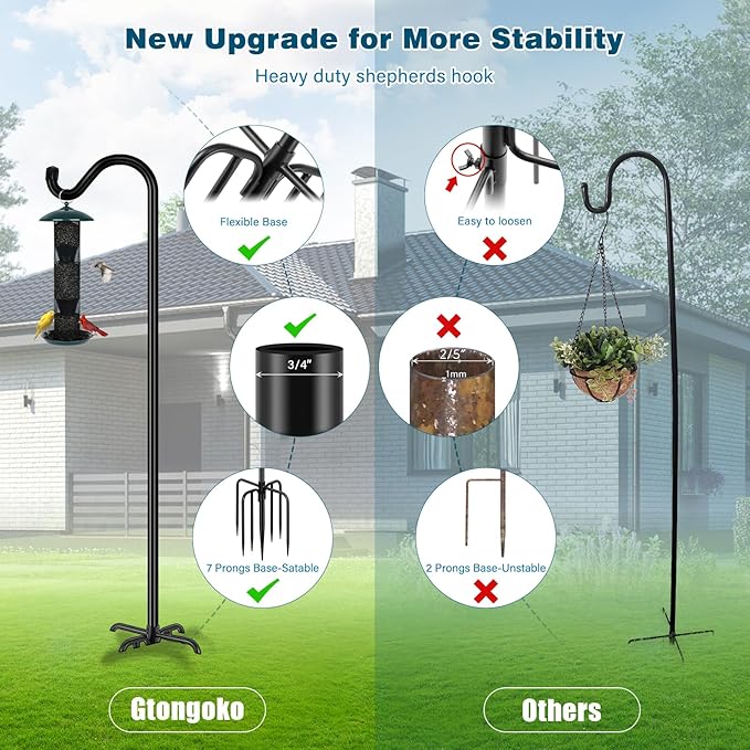 Gtongoko 2 Pack 108 Inch Tall Shepherds Hooks for Outdoor Bird Feeders, Heavy Duty Bird Feeder Pole Stand, Adjustable Hanger for Plant, Lights, Lanterns Wedding Decor with 7 Prongs Base