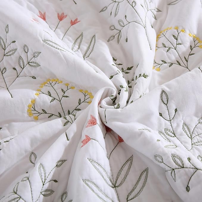 MarCielo 3-Piece 100% Cotton Oversized Bedspread Lightweight Quilt Coverlet Embroidery Farmhouse Bedding Set(TL Floral White,Oversized King (118"x106"))