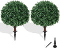Artificial Boxwood Topiary Ball Tree with Ground Spike, Set of 2 Artificial Shrub Bushes, Fake Evergreen Tree for Porch, Artificial Plants for Outdoor Planters Indoor UV Resistant
