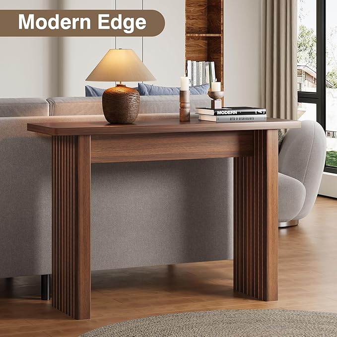 AVZEAR Mid Century Narrow Entryway Console Table, 43.3" Fluted Wood Couch Table Behind Sofa Long and Skinny for Living Room Hallway Entrance Foyer, Walnut
