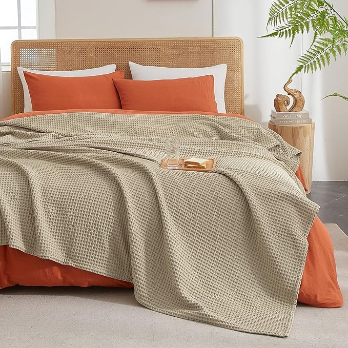 PHF Ultra Soft Waffle Weave Blanket Queen Size 90"x 90"- Washed Lightweight Breathable Cozy Woven Blanket for Bed - Aesthetic Decor for Couch Bedding Sofa Home Car - Khaki