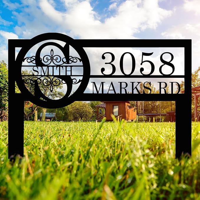 Personalized Metal Yard Address Sign with Last Name and Monogram, House Number Sign for Lawn and Patio