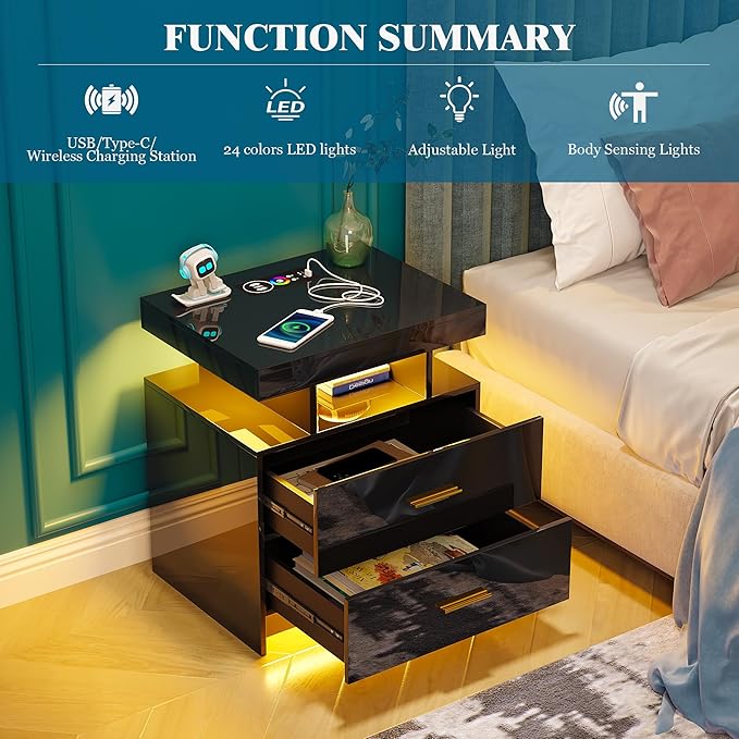 Night Stand with Light, High Gloss Nightstand with USB/Wireless Charging Station, LED Black Nightstands with Storage Drawers, RGB Side End Table for Bedroom Furniture（Black）