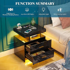 Night Stand with Light, High Gloss Nightstand with USB/Wireless Charging Station, LED Black Nightstands with Storage Drawers, RGB Side End Table for Bedroom Furniture（Black）