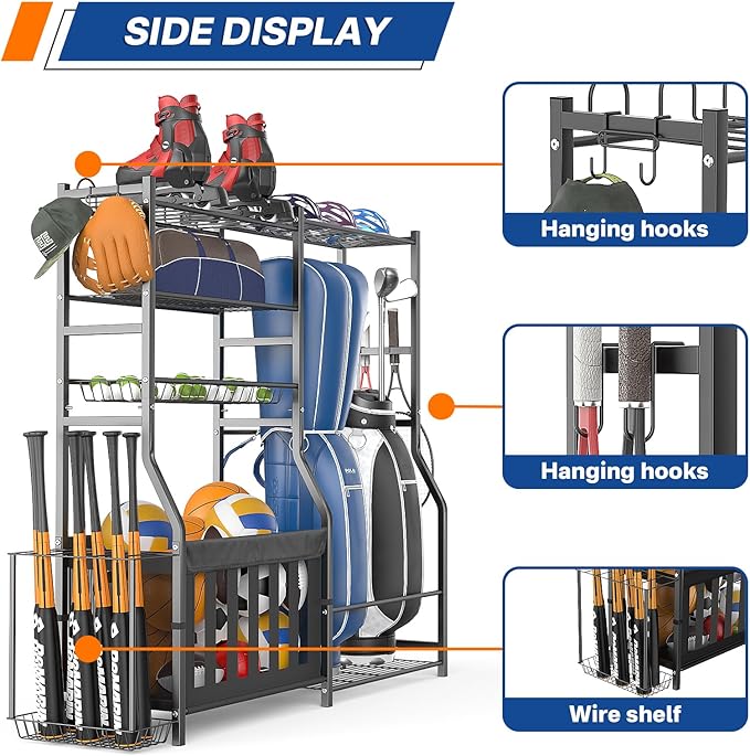 Garage Sports Equipment Organizer, Strong Load Bearing Golf Bag Organizer, Multi Use Golf Ball Rack Basketball Rack for Sports Gear and Outdoor Toy Ball Storage