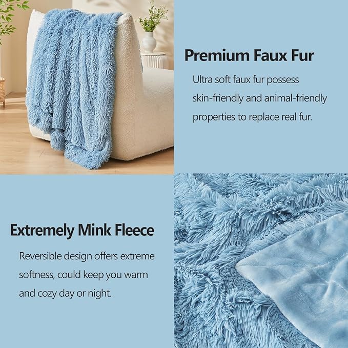 GONAAP Fuzzy Faux Fur Throw Blanket Twin Size Light Blue Super Soft Cozy Plush Fuzzy Shaggy Blanket for Couch Sofa Bed (Light Blue, Twin(60"x80"))