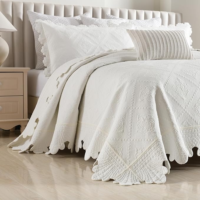 MarCielo 3-Piece 100% Cotton Oversized Bedspread Lightweight Quilt Coverlet Embroidery Farmhouse Bedding Set (TK White, Oversized King (118"x106"))
