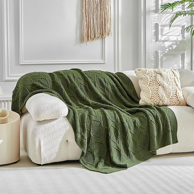 Longhui bedding Chunky Cotton Knit Throw Blanket for Couch, Sofa, Bed, or Chair, Decorative Breathable Fall Cable Knit Blanket 60 x 80 Inches, Large Olive Green