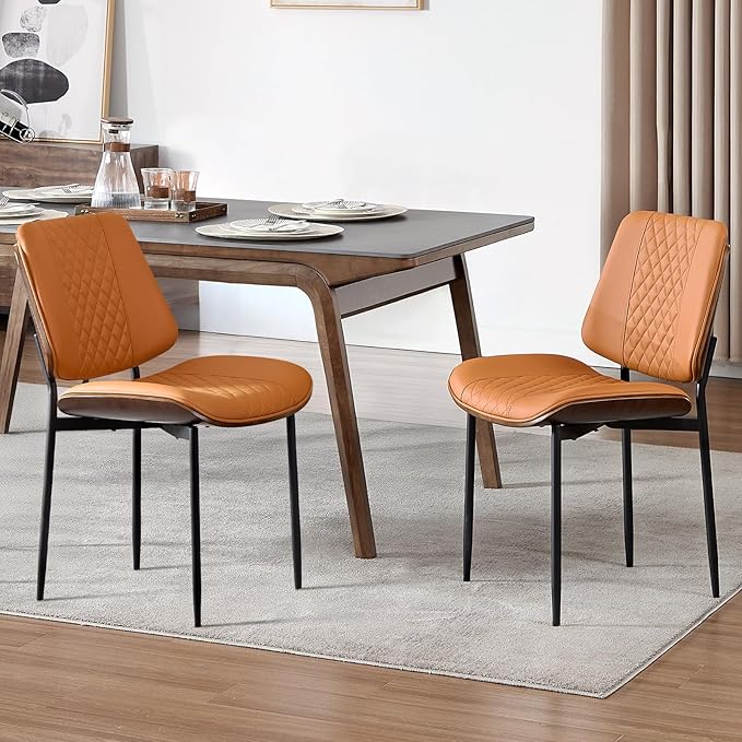 BV Dining Chairs Set of 2, PU Leather Armless Kitchen Chair in Modern Walnut Style, Mid Century Bentwood Side Chair with Metal Legs, Retro Accent Guest Chair for Kitchen Dining Room(Brown)