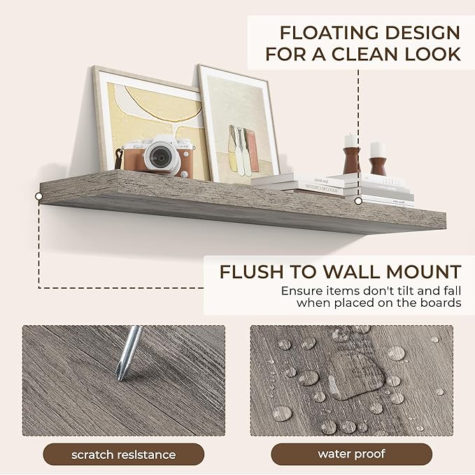 RICHFOCUS 48Inch Floating Shelves for Wall 2 Pack Shelves for Bedroom|Kitchen|Bathroom Wall Mounted Rustic Wood Floating Shelf with Invisible Brackets for Books|Storage|Decor, Grey