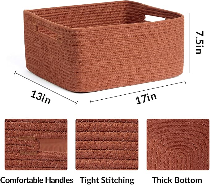 Large Storage Baskets for Shelves, Closet Organizers Bins for Clothes Blanket Towels, Baby Nursery, Toy Baskets Box, Woven Rope Baskets, 17 x 13 x 7.5”, 3 Packs Oxide Red